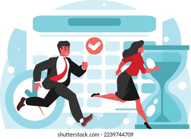 Running business people. Planning strategy and time management. Deadline concept. Late people. Vector graphics