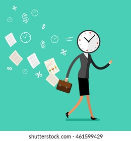 Running business woman with a clock instead of a head. Concept of effective time management. Flat design vector business illustration