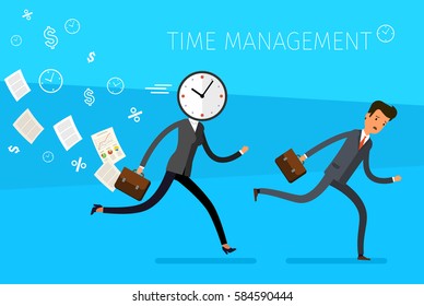 Running business woman with a clock instead of a head and catches running businessman. Concept of effective time management. Flat design vector business illustration