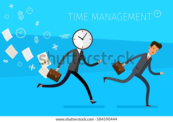 頭の代わりに時計を持つビジネスマンを起こし ランニングマンを捕まえる 効果的な時間管理のコンセプト フラットデザインのベクター画像ビジネスイラスト のベクター画像素材 ロイヤリティフリー