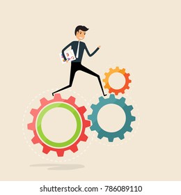 Running business work concept.Happy businessman and cogwheels sign.Businessman running on gear mechanism.Cogwheels working.Business vector concept illustration
