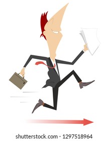 Running businessman and the arrow sign under his feet concept illustration. Smiling man with papers and bag running on the arrow sign isolated on white 
