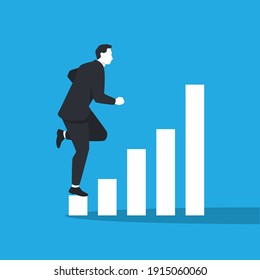 Empresario con gráfico de barras. Sencillo estilo plano de moda en el fondo azul. Concepto de negocio y finanzas. Ilustración vectorial diseñada.