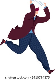 A running businessman with blue pants and maroon blazer holding a paper. Young adult male rushing in a hurry with a document. Time management and deadline vector illustration.