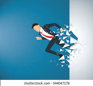 Running Businessman Breaking the wall to success. Business concept illustration.  