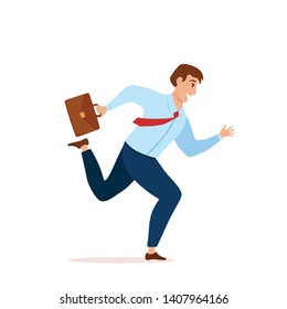 Running businessman with briefcase in hand a colorful cartoon flat style vector illustration. Adult guy in a suitcase with tie is late and in a hurry start up, business, success, speed concept.