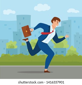 Running businessman with briefcase in hand a colorful cartoon flat style vector illustration. Adult guy in a suitcase with tie is late and in a hurry start up, business, success, speed concept.