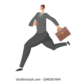 Running businessman with briefcase. Hurrying the man in a business suit. Character in flat style, vector illustration, isolated on white background.