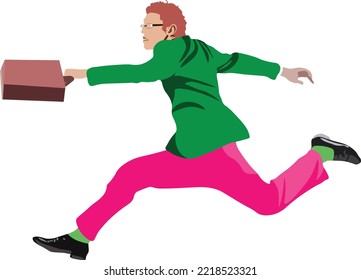 Running Businessman With Briefcase Jumping On Png Transparent Background. Young Man Wearing Funky Outfit For Work With Colorful Dress