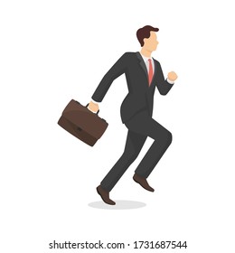 Running businessman with briefcase in modern style vector illustration, business person simple flat shadow isolated on white background.
