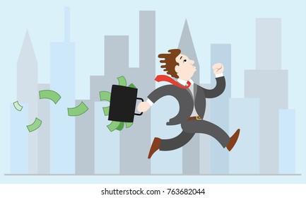 Running businessman with briefcase and money on city background