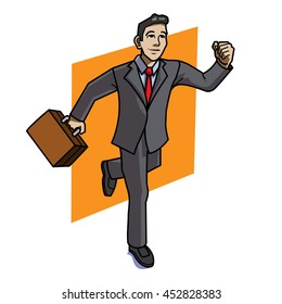 Running businessman with briefcase on orange background