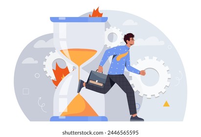 Running businessman concept. Entrepreneur with briefcase near hourglass. Bad time management and ineffective work organization. Cartoon flat vector illustration isolated on white background