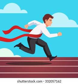 Running businessman crosses a finish line red ribbon, winning a race. Flat style vector illustration isolated on white background.