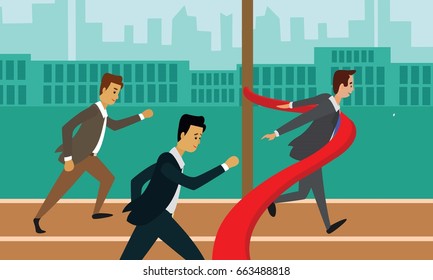 Running businessman crossing the finish line. Business race career success concept illustration vector.
