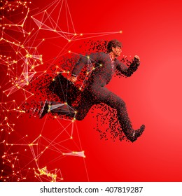 Running businessman figure made of scattered balls. Triangles and dots background