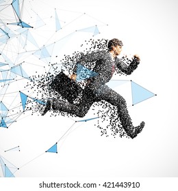 Running businessman figure made of scattered balls. Triangles and dots background