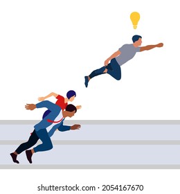 running businessman at the finishing line. wins Race target success. Bulb idea concept. winner. finish. win. flat design. track.Success. goal.Target. Business competition.Competitive advantage.