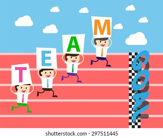 running businessman at the finishing line. wins Race target success. Bulb idea concept. winner. finish. win. flat design. track. Success. goal. Target. rocket. team, teamwork