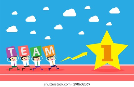 running businessman at the finishing line. wins Race target success. Bulb idea concept. winner. finish. win. flat design. track. Success. goal. Target. team, teamwork. number one gold star