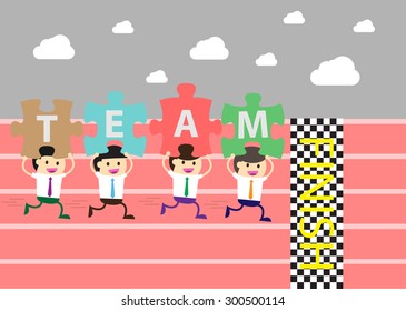 running businessman at the finishing line. wins Race target success. Bulb idea concept. winner. finish. win. flat design. track. Success. goal. Target. rocket. team, teamwork