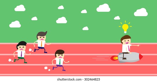 running businessman at the finishing line. wins Race target success. Bulb idea concept. winner. finish. win. flat design. track.Success. goal.Target. rocket.Business competition.Competitive advantage.