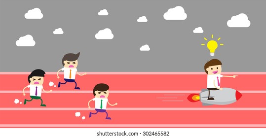 running businessman at the finishing line. wins Race target success. Bulb idea concept. winner. finish. win. flat design. track.Success. goal.Target. rocket.Business competition.Competitive advantage.