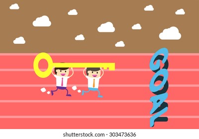 running businessman at the finishing line. wins Race target success. Bulb idea concept. team. teamwork. key