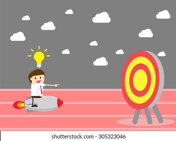 running businessman at the finishing line. wins Race target success. Bulb idea concept. winner. finish. win. flat design. track.Success. goal.Target. rocket.Business competition.Competitive advantage.