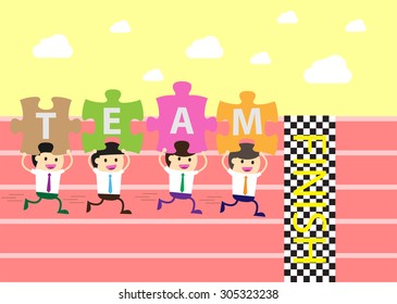 running businessman at the finishing line. wins Race target success. Bulb idea concept. winner. finish. win. flat design. track. Success. goal. Target. rocket. team, teamwork