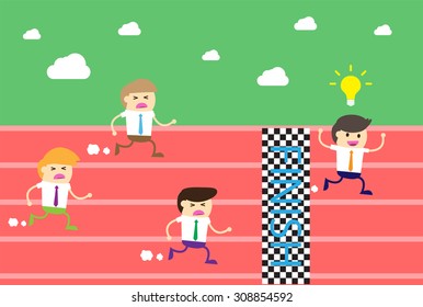 running businessman at the finishing line. wins Race target success. Bulb idea concept. lose