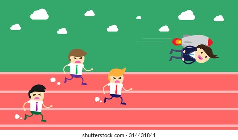 running businessman at the finishing line. wins Race target success. Bulb idea concept. winner. finish. win. flat design. track.Success. goal.Target. rocket.Business. air fly