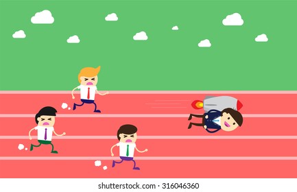 running businessman at the finishing line. wins Race target success. Bulb idea concept. winner. finish. win. flat design. track.Success. goal.Target. rocket.Business. air fly