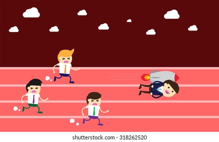 running businessman at the finishing line. wins Race target success. Bulb idea concept. winner. finish. win. flat design. track.Success. goal.Target. rocket.Business. air fly