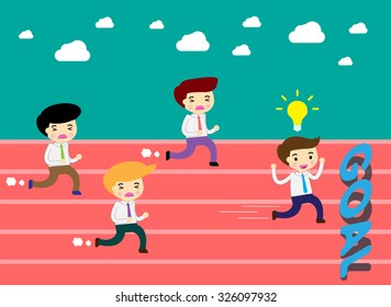 running businessman at the finishing line. wins Race target success. Bulb idea concept. winner. finish. win. flat design. track.Success. goal.Target.Business