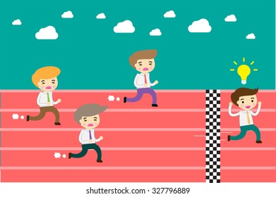 running businessman at the finishing line. wins Race target success. Bulb idea concept. winner. finish. win. flat design. track.Success. goal.Target.Business