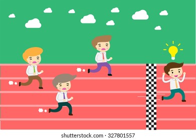 running businessman at the finishing line. wins Race target success. Bulb idea concept. winner. finish. win. flat design. track.Success. goal.Target.Business