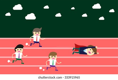 running businessman at the finishing line. wins Race target success. Bulb idea concept. fly