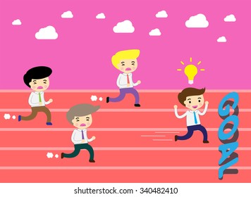 running businessman at the finishing line. wins Race target success. Bulb idea concept.