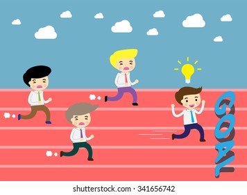 running businessman at the finishing line. wins Race target success. Bulb idea concept.