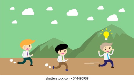 running businessman at the finishing line. wins Race target success. Bulb idea concept. winner. finish. win. flat design. track.Success. goal.Target.Business