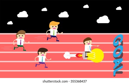 running businessman at the finishing line. wins Race target success. Bulb idea concept. winner. finish. win. flat design. track.Success. goal.Target. rocket.Business. air fly