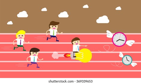 running businessman at the finishing line. wins Race target success. Bulb idea concept. winner. finish. win. flat design. track.Success. goal.Target. rocket.Business competition.Competitive. fly