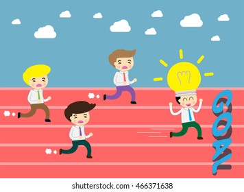 running businessman at the finishing line. wins Race target success. Bulb idea concept.