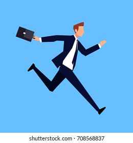 Running businessman in a flat style isolated on blue background. Businessman with a briefcase in his hand is late and in a hurry. Vector illustration.