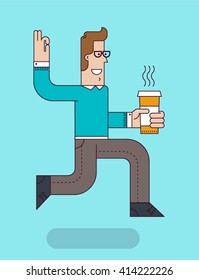 Running businessman holds a paper coffee cup. Cartoon character design. Vector illustration.