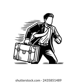 Running businessman late for work holding a briefcase outline vector drawing