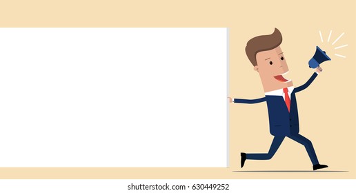 A running businessman with a megaphone pulls a banner. Vector illustration