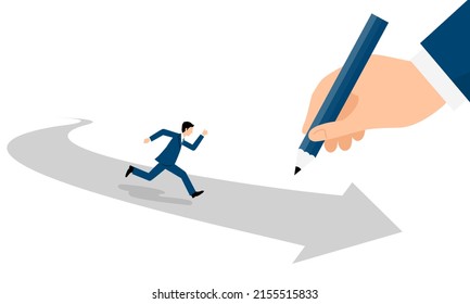 Running businessman on arrow,hand holding pencil,vector illustration