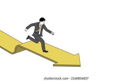 Running businessman on arrow,yellow and gray illustration,vector,copy space